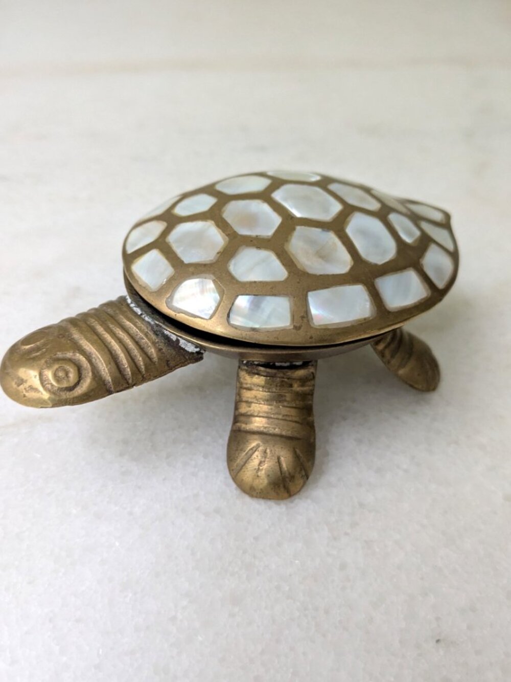 vtg brass TURTLE hinge trinket box mother of pearl inlay small box